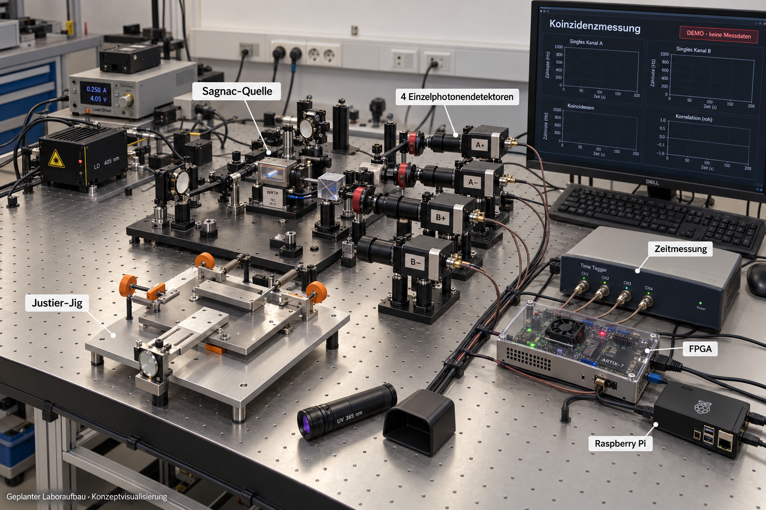 AI concept illustration of the proposed Sagnac laboratory with a photon source, four detector channels, time tagging and digital analysis.